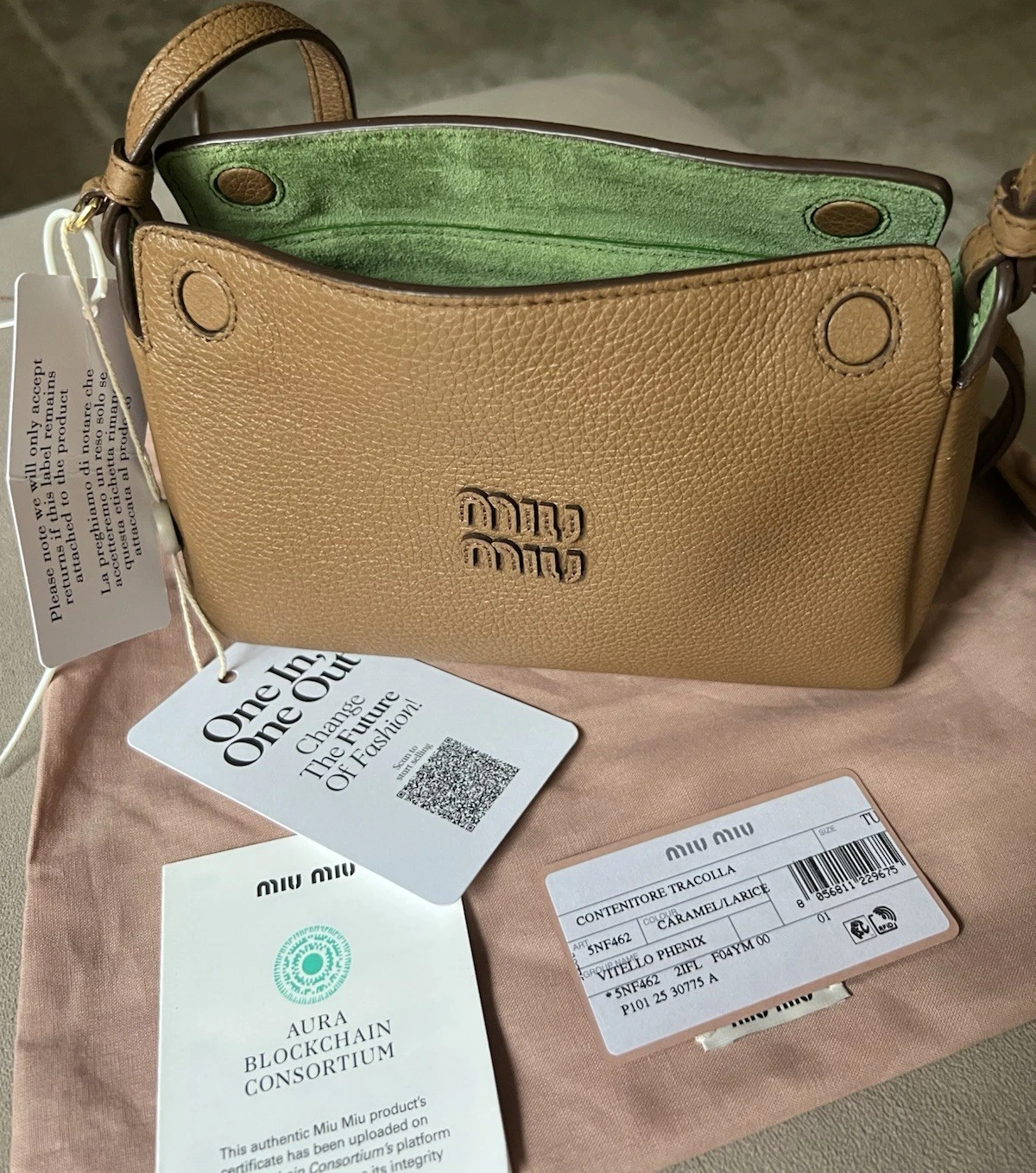Miu Miu — Miu Miu Vitello Phenix Shoulder Bag Caramel Green Suede Interior NWT