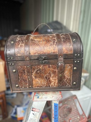 Small Wooden Treasure Chest Box Trunk with Leather Trim and Metal Studs