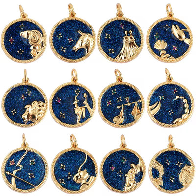 18K Gold Plated Zodiac Sign Coin Pendant Charm 12 Horoscope Styles DIY Jewelry