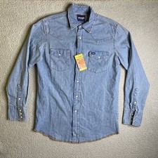 Wrangler Shirt Men Medium Blue Stonewash Cowboy Cut Denim Pearl Western NWT Pic 