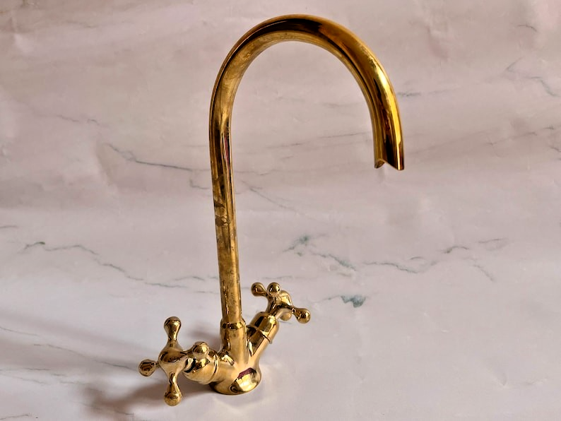 Unlacquered Brass Goosneck Kitchen Sink faucet, Gooseneck Kitchen Vanity Solid B