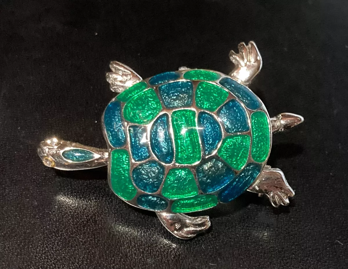 Vintage Turtle Brooch Pin Blue Green Enameled Silvertone
