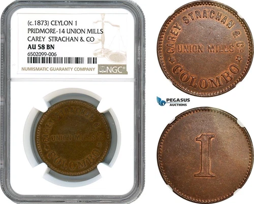AH540, Ceylon, Victoria, 1 Pridmore - 14 Union Mills c.1873, NGC AU58BN
