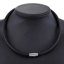8mm Mens Black Braided Cord Rope Man-made Leather Choker Necklace Magnetic Clasp