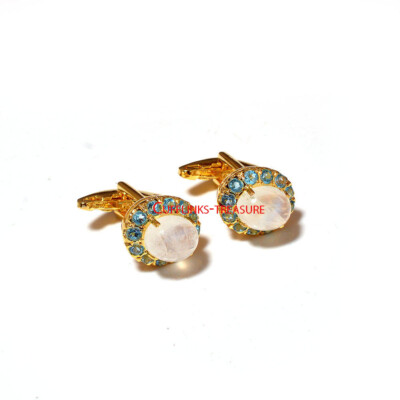 Natural Moonstone & Blue topaz Stones 925 Solid Silver Gold Plated Cufflinks #79