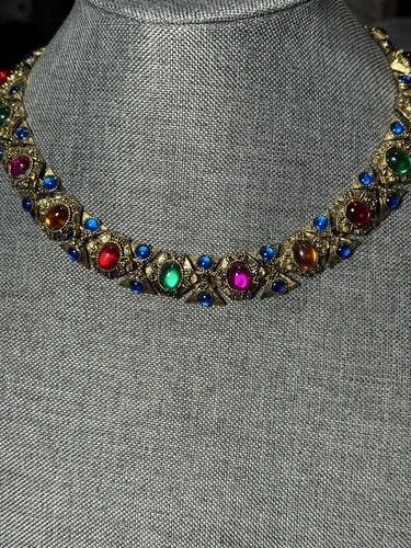 Vtg 80’s Necklace 16”L Brassy-Gold Bold Cabochon Statement Costume Jewelry