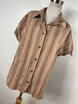 CJ Banks 1X Shirt Top Tan Beige Stripe Button Down Front Linen Blend S/S L3