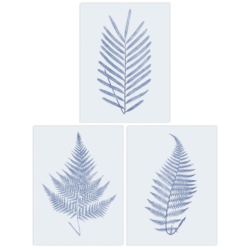 Pack of 3 Fern Leaf Blue on Grey Botanical Unframed Art Prints Set A4 ...
