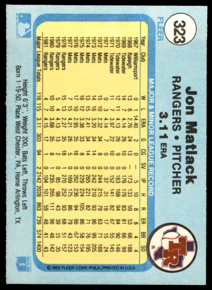 1982 FLEER JON MATLACK . TEXAS RANGERS #323 - Image 2 of 2