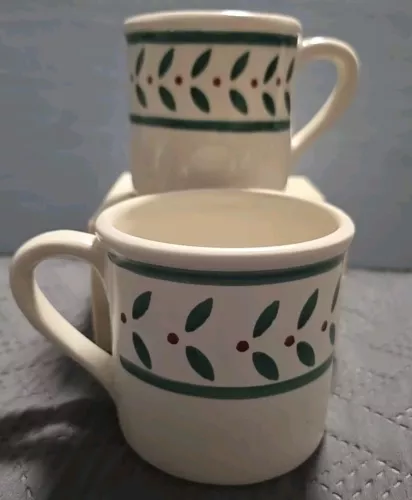 Hartstone Mugs Holly Red Berries Green Stripes / Leaves 80's Marked W Initials 