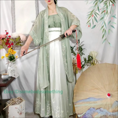 Ensemble Hanfu Femme 3 Pièces - Style Tang Dynasty, Mousseline Bleue, Motif Floral