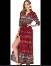 R. Vivimos Floral Maxi Shirt Dress Womens Size XL Red Boho V Neck Lightweight