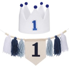 1st Birthday Decorations, One Blue Tassel Banner and White Crown Hat