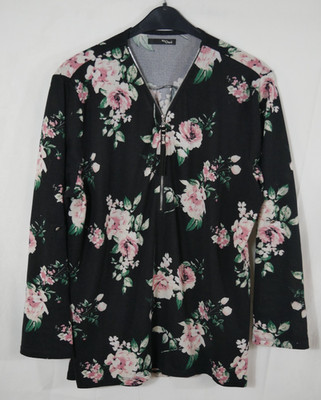 MY OWN Weicher Stretch Pullover Schwarz Blumen mit Reißverschluss Größe 48 TOP!