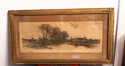 Antique Ernest C Rost (1866-1940) Signed Rural Landscape Etching Framed Detailed