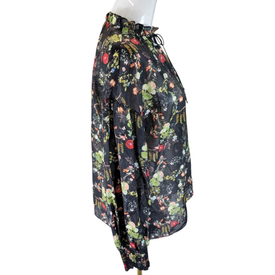 Alice + Olivia Julius Smocked Cuff Blouse Women's Black Floral Print Silk Blend - Image 4 of 4