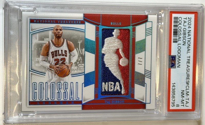 2024-25 Taj Gibson Panini National Treasures NT LOGOMAN /7 Colossal Bulls PSA 8 