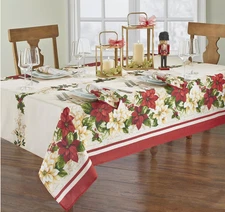 ELRENE HOME RED WHITE POINSETTIAS CHRISTMAS HOLIDAY TABLECLOTH 60" x 102" NEW