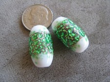 Pr Vintage Foil Art Glass Beads, Green White 21x11mm