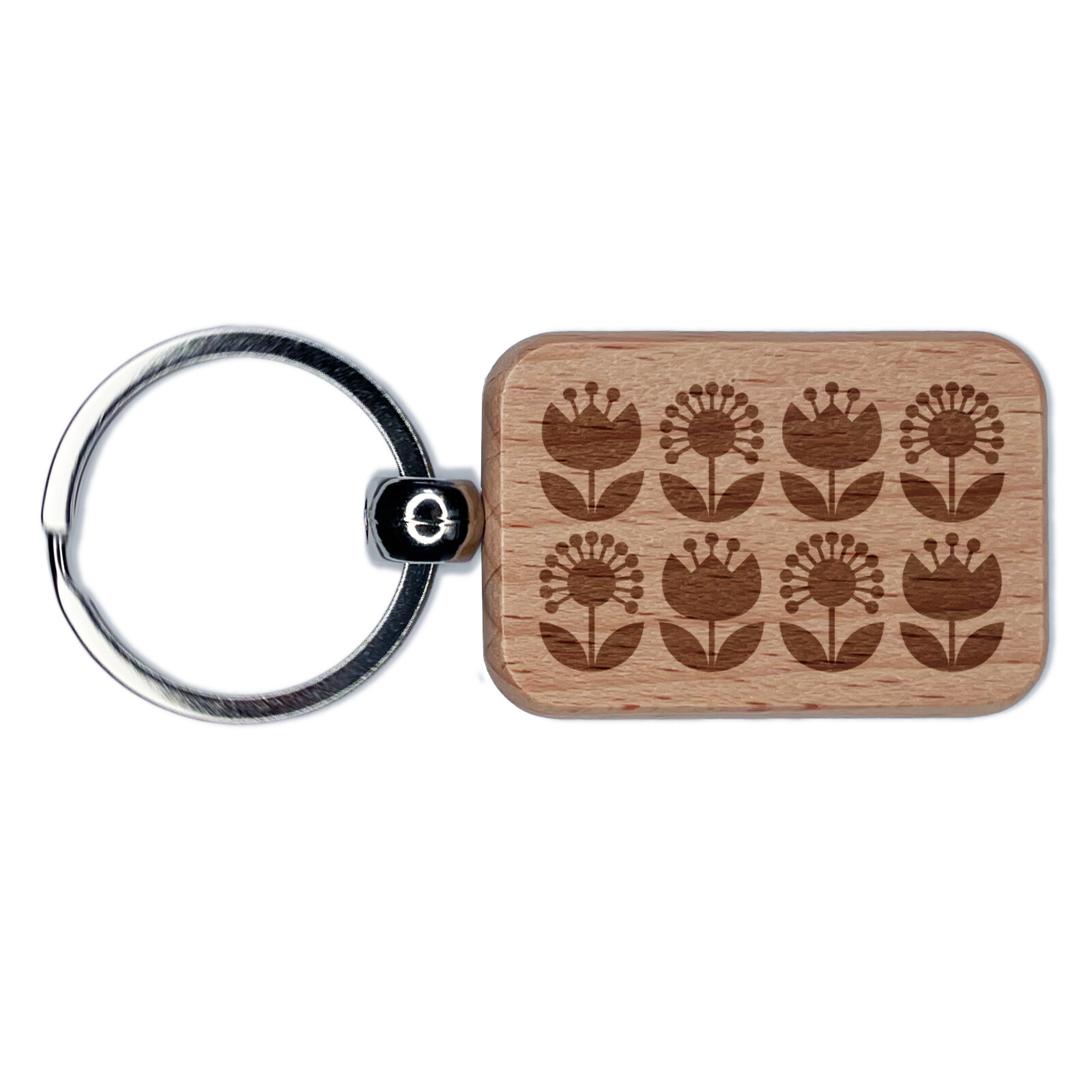 Scandinavian Floral Engraved Wooden Keychain Charm Tag  