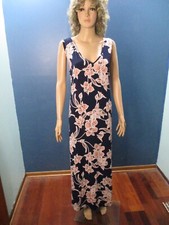 plus size 2X navy blue tan floral long slinky sheath dress by SJS