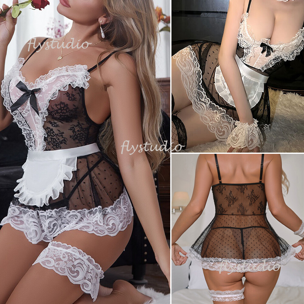 open lingerie sexy Women's Sexy Lingerie Bowknot Lace French Maid Costume Sleepwear Babydoll  Dress