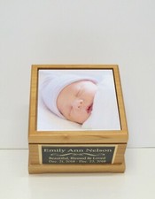Baby Urn Infant Loss Cremation Urn w/ Photo Tile  Engraved Plate Red Alder