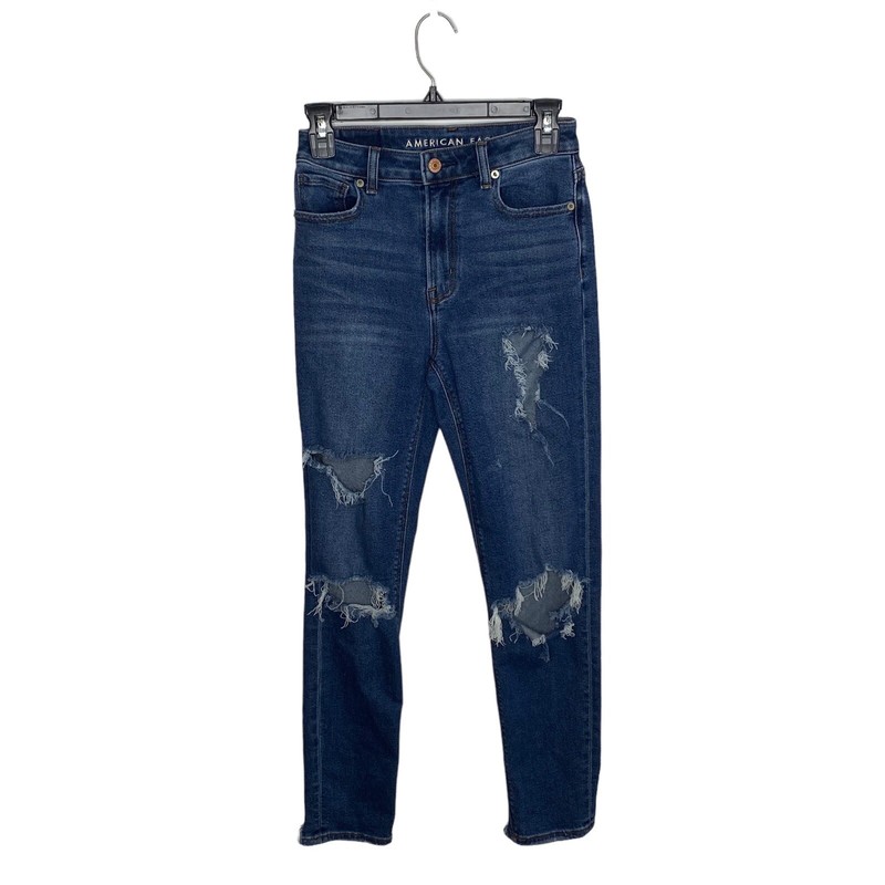 American Eagle Mom Straight Jeans Size 00 Regular Distressed Ripped Dark Blue