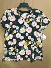White Cross Scrub Top VNeck Pink Daisy 75ELDB L 3Pockets NWT Free Shipping