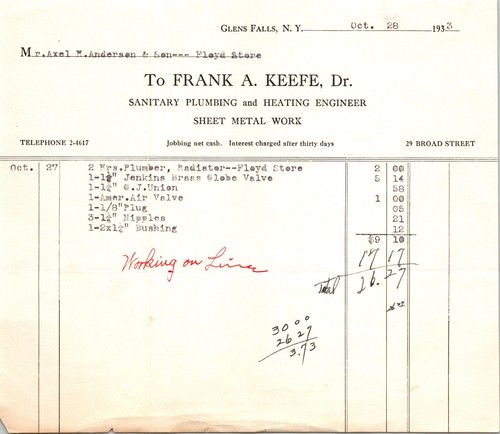 Frank Keefe Glen Falls NY 1938 Billhead Plumbing & Heating