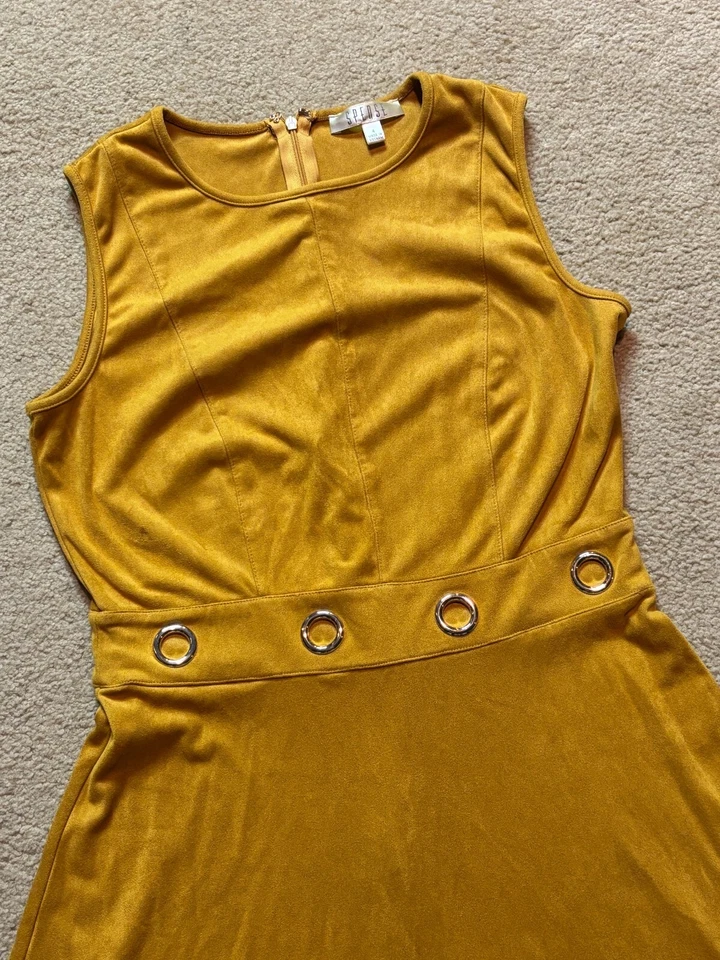 Vestido de Trabajo Spense Amarillo Mostaza Ojal Cintura Sin Mangas Imitación Gamuza Línea A 4 Foto 3 de 4
