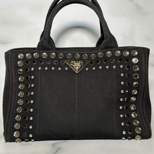 Prada Canapa Tote Hand Bag 2Way houlder Bijou studs Canvas Nero Black