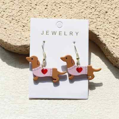 Cute Dachshund Sweater Heart Dangle Drop Earrings Acrylic Fun Jewelry Gift