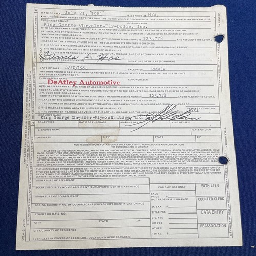 1969 Plymouth 4 Door HT Certificate Historical Document Virginia - Picture 3 of 3
