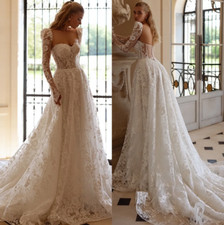 Princess Bridal Gowns Full Lace Long Sleeves Wedding Dress Sheer Backless Sweep