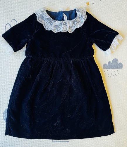 Janie and Jack Girls Size 5 Dark Marine Navy Velvet Lace Trim Short Sleeve Dress - Picture 4 of 10