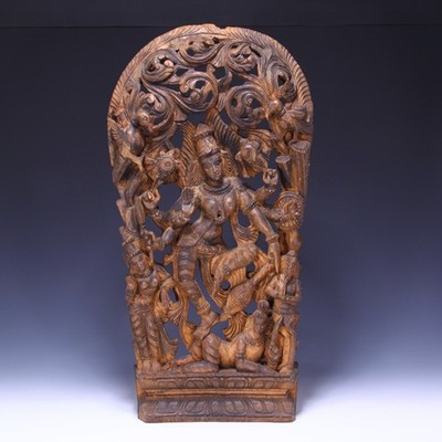 Carved Hindu Lord Nataraja as Dancing Shiva Wood Panel - India 20th. Century