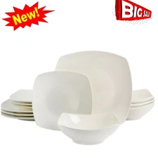 White Everyday Square Bowl & Plate Set 12-Piece Dinnerware Set for Home US