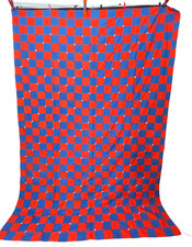 Vintage 1970s red blue cotton tied quilt handmade large bedspread blanket check