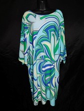Chico's Size 3 XL Blue Green Print Sheath Dress Kimono Sleeve Midi Stretch Knit