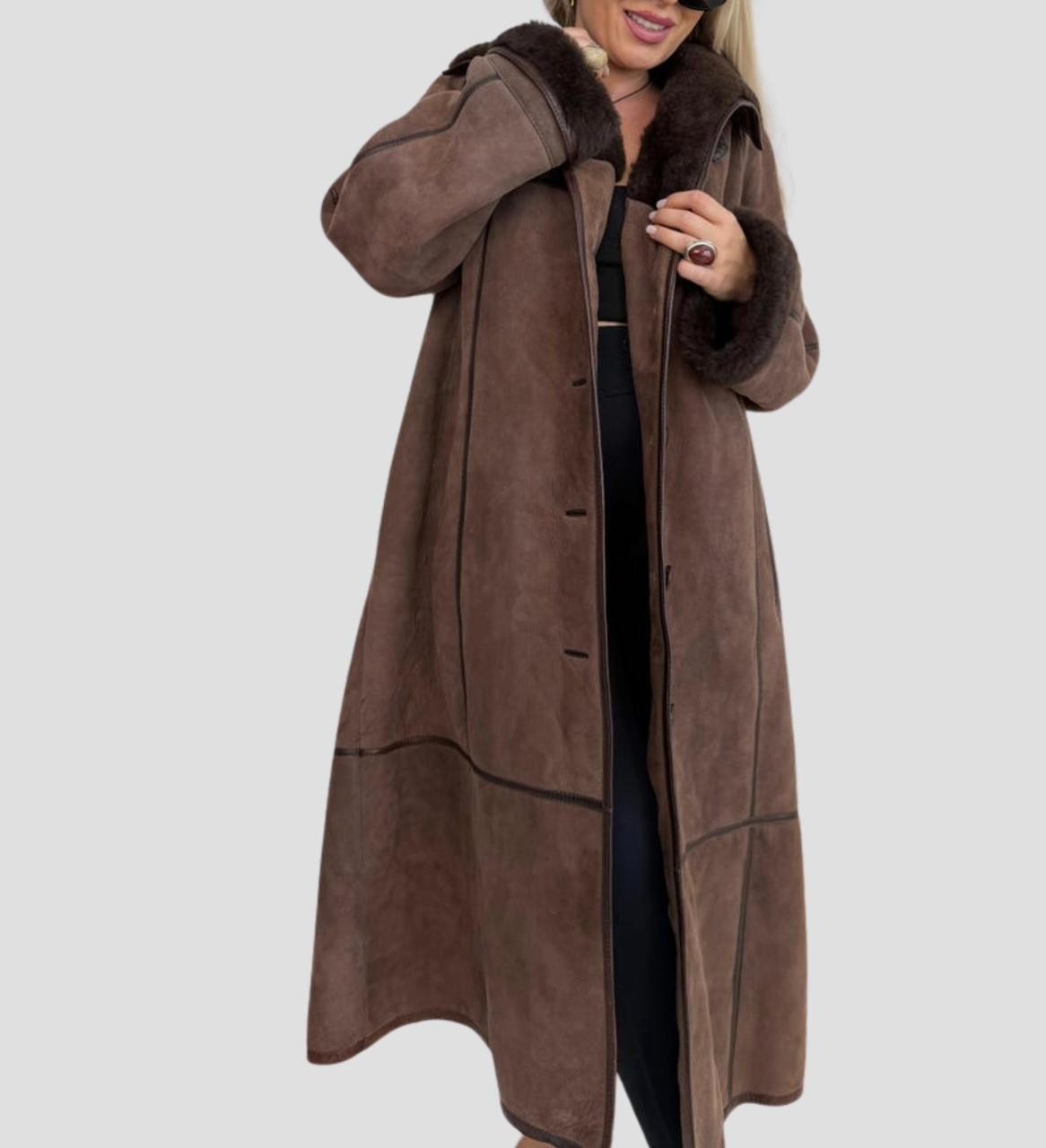 Vintage Boho Suede Sheepskin Shearling Maxi Coat Leather Winter Trench women man