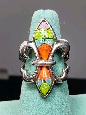 Vintage Alan K bunter Milifori Glas Fleur de Lis Ring Größe 7 Sterlingsilber