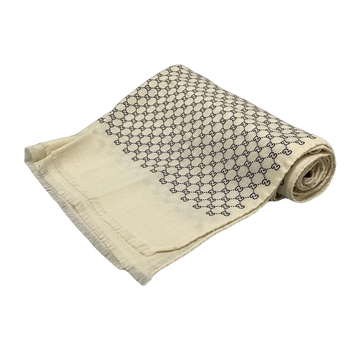 Auth GUCCI   Foulard en laine noire crème et soie