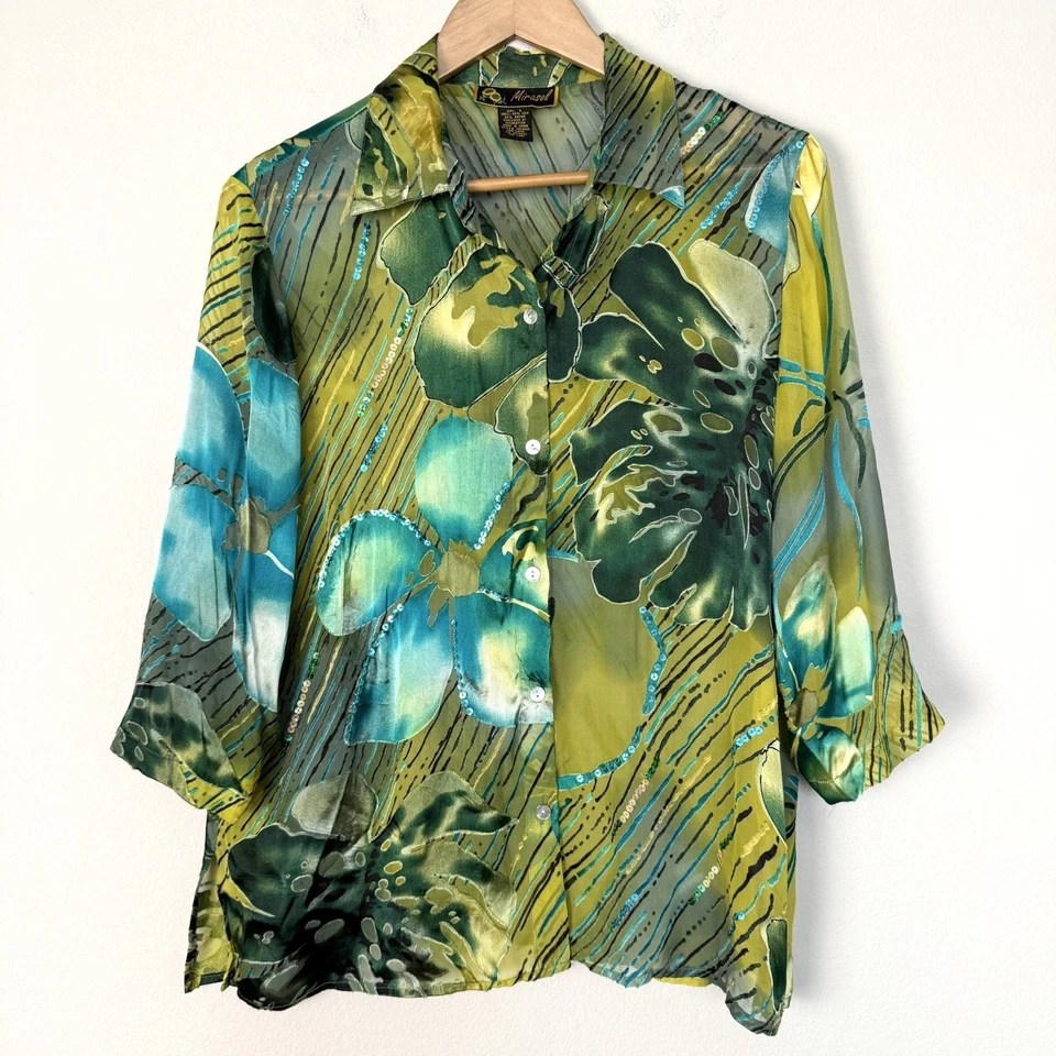Velvet Burnout Floral Button Up Blouse Womens Large Green Artsy Maximalism Party - Image 2 of 4