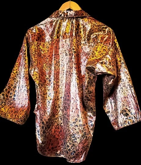 Blusa Mujer De Colección Años 80 Glam METÁLICO ESTAMPADO LEOPARDO Dorado Cobre Negro Gran Tamaño M Foto 2 de 4