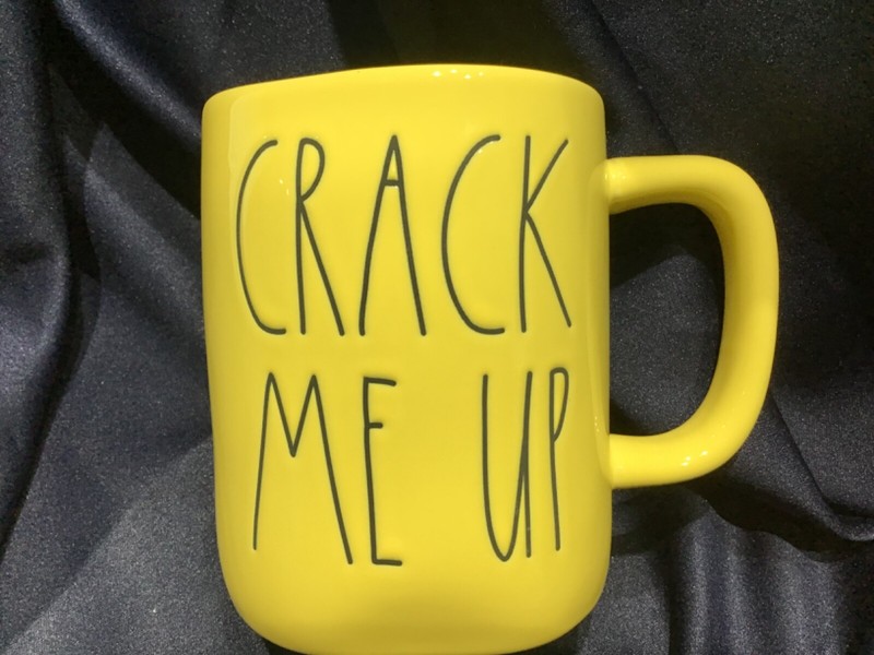 RAE DUNN ‘CRACK ME UP’ yellow JUMBO 18 oz MUG never used! NEW