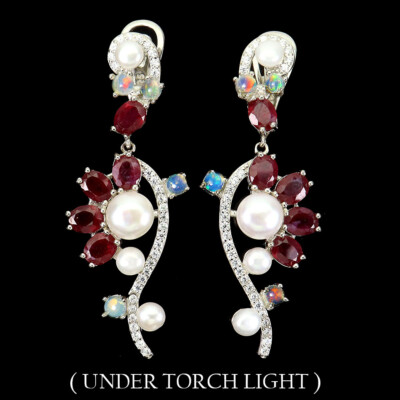 Boucles D'oreilles Argent Massif 925 - Avec Rubis Et Opale De Feu, Neuf Sans Emballage