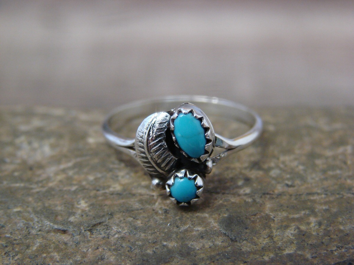 Navajo Sterling Silver Feather Turquoise Ring- Roselene Joe