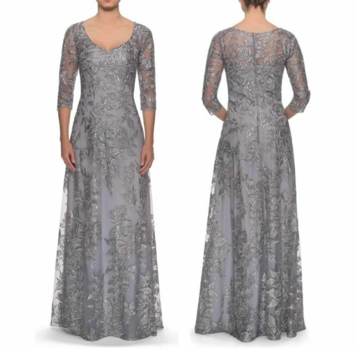 La Femme Silver Floral Embroidered Mesh A-Line Gown Size 10 $618