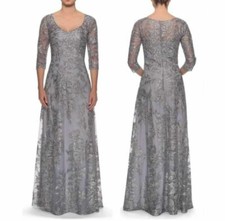 La Femme Silver Floral Embroidered Mesh A-Line Gown Size 6 618